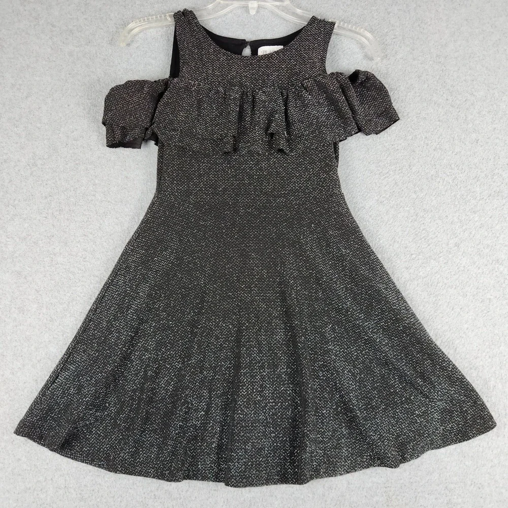 The Children's Place Dress Girls M 7/8 Black Silver Shimmer Ruffle Cold Shoulder